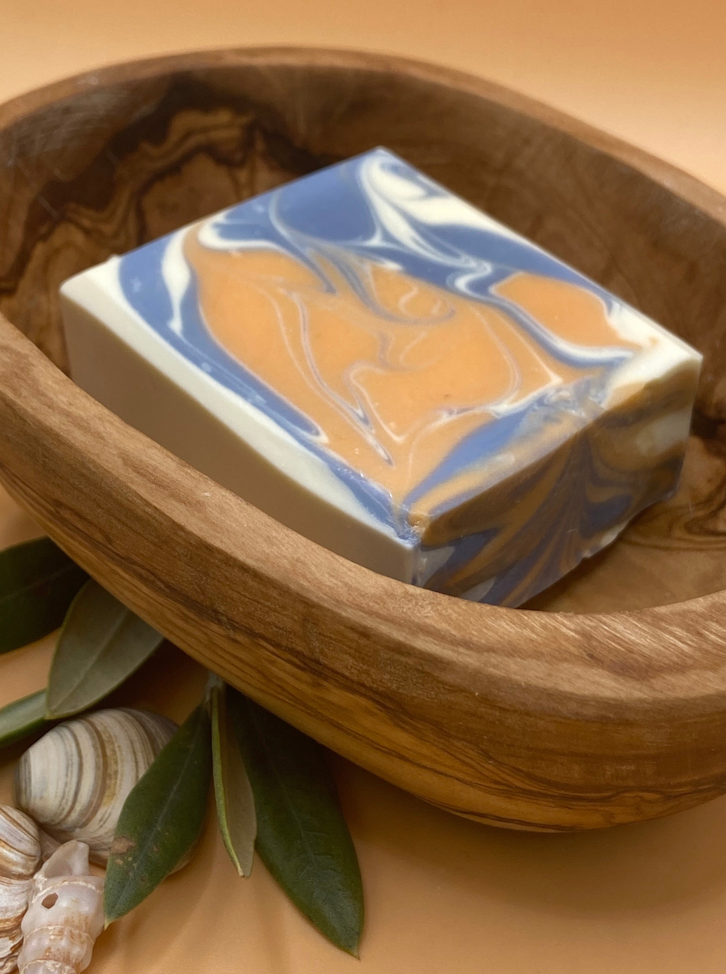 Olive wood soap dish with an artisan handmade soap Good Mood. . Stylish, thoughful and beautiful. Natural. Perfect gift set for yourself or someone special. Environmentally friendly. Unique.