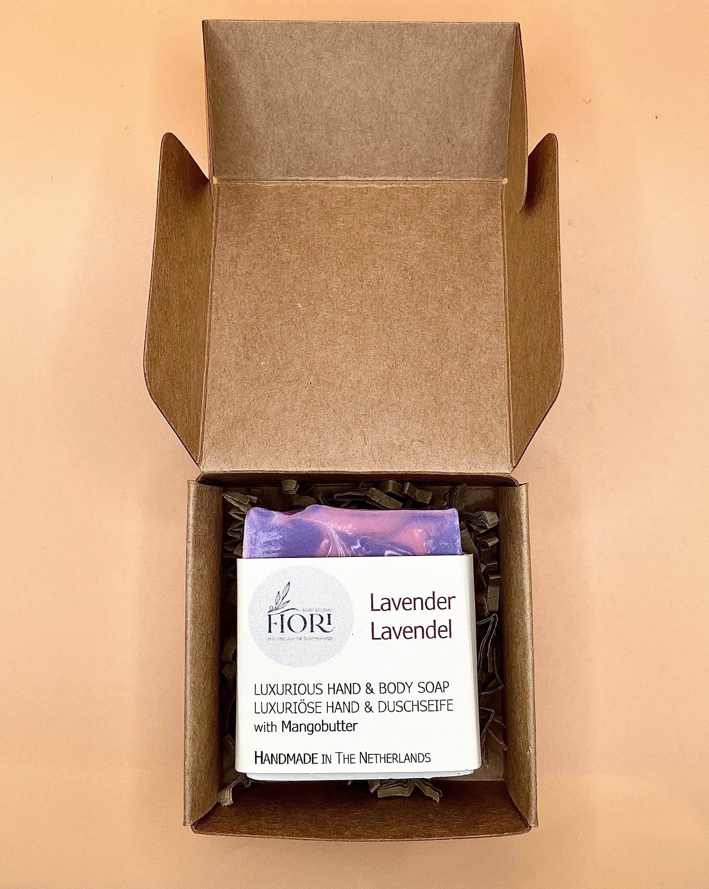 Lavender soap packaged in Kraft paper box