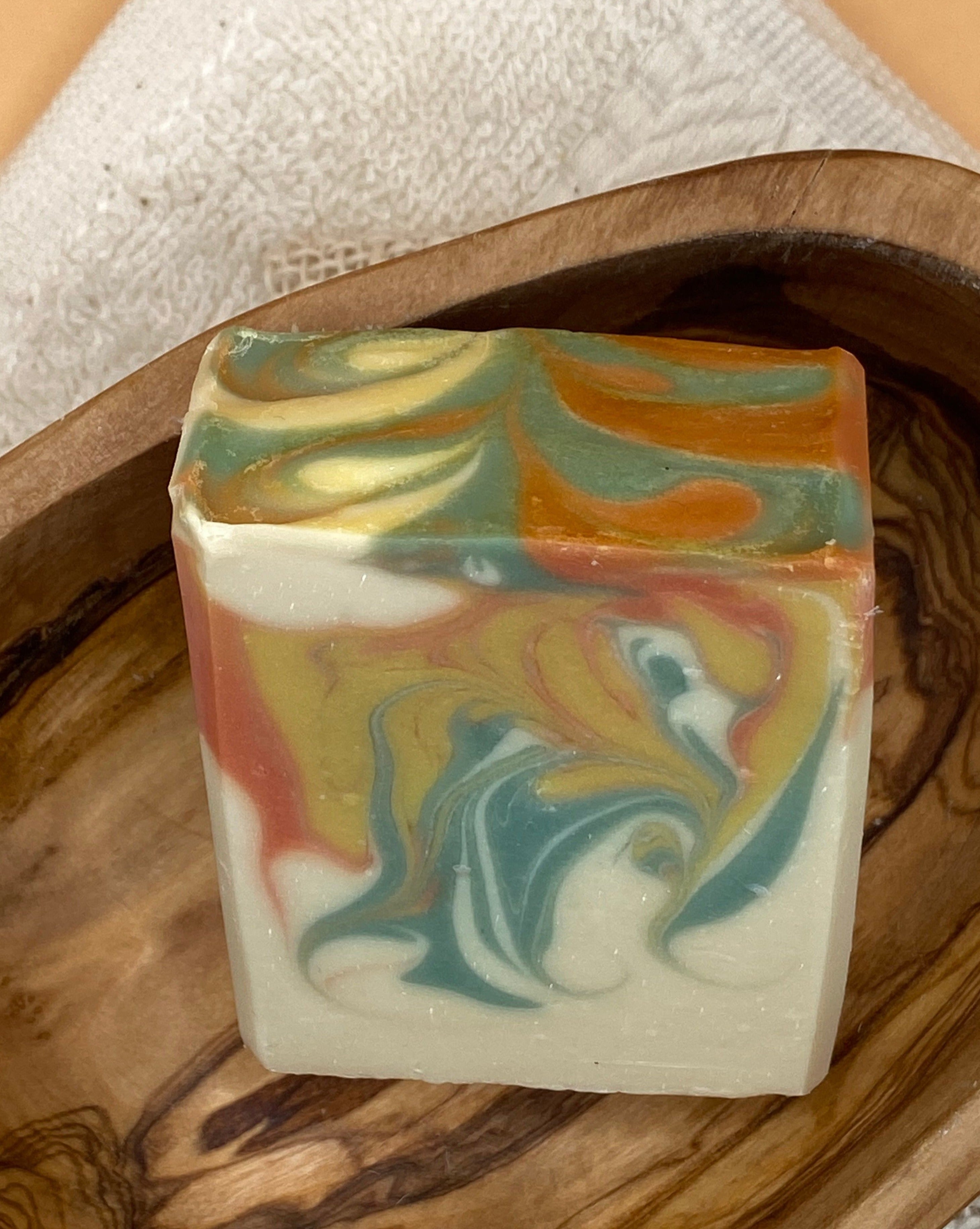 Fig-Vanille Soap in a beautiful wooden olive soap dish.