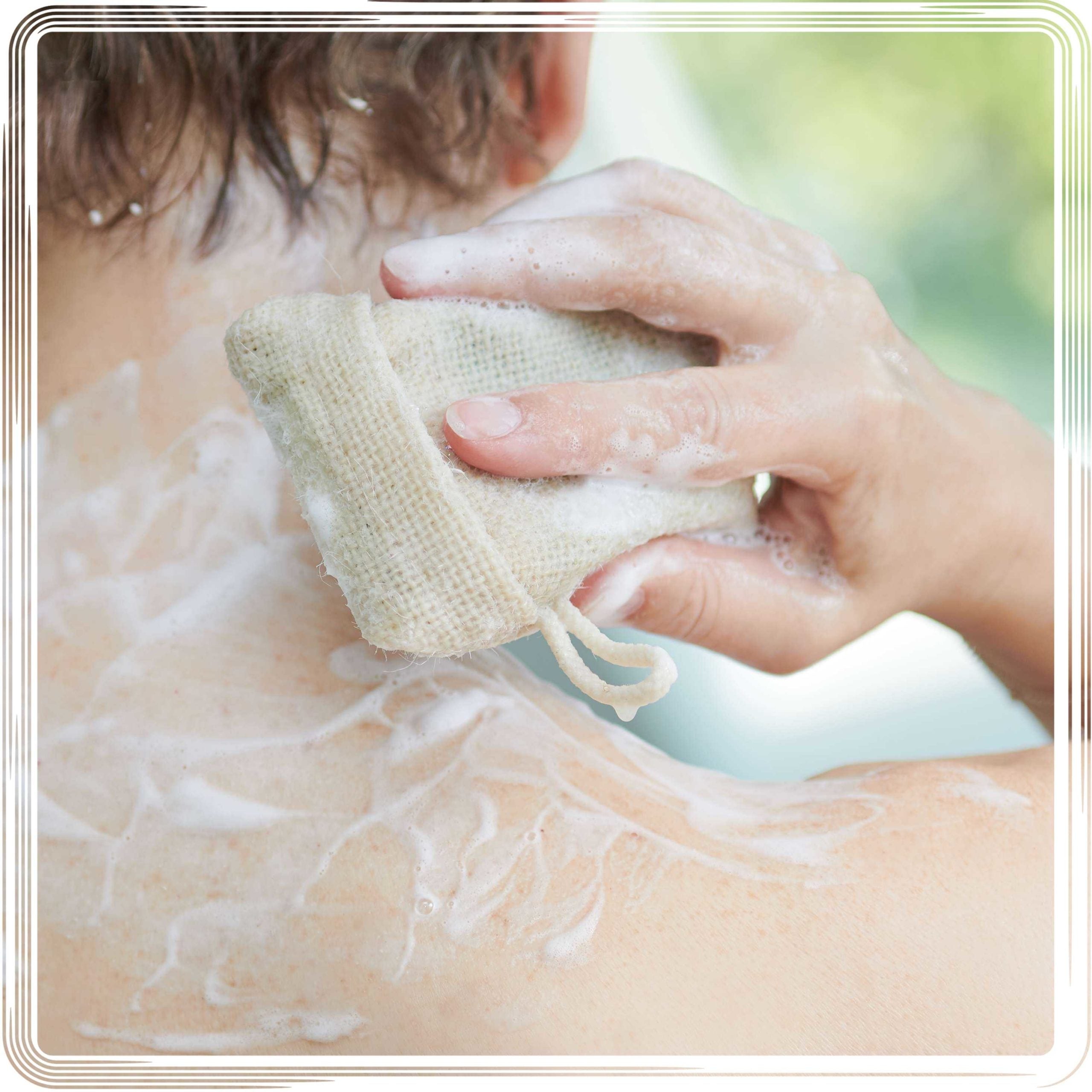 Natural jute soap saver bag (used in the shower)